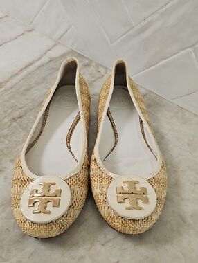 Tory Burch Natural Raffia Ballet Flats with Gold Logo